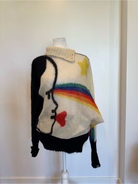 Cream and Black Cowl-Neck Rainbow Graphic Sweater